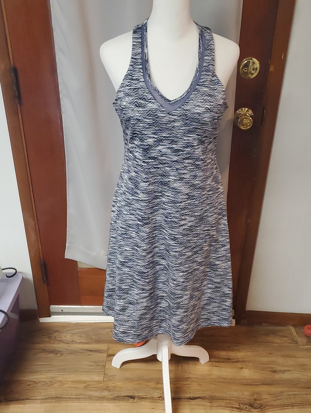 MPG Blue and White Marled V-Neck Racerback Midi Dress